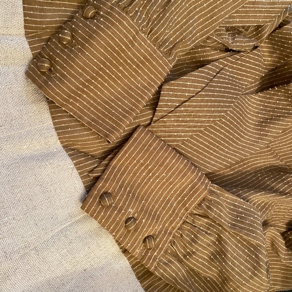 60s/70s Size S Mini Dress Neck Tie Linen Skirt Gold Beige Bodice - Picture 15 of 16